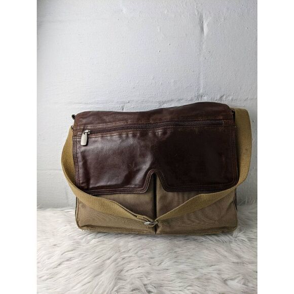 Fossil Messanger Bag Khaki Canvas Brown Leather Shoulder Strap Leather Detail Sn - Picture 1 of 16